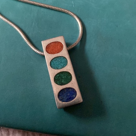 Pendant multi color Sterling silver & 14k wearable on both sides Chain Italy - Picture 2 of 5